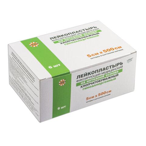 Лейкопластырь медицинский фиксирующий в рулоне 5х500 см, LEIKO, на нетканой хлопчатобумажной основе, в картонной коробке, 531720