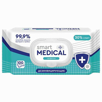 Дезинфицирующие салфетки спиртовые 100 штук, SMART MEDICAL, крышка-клапан, 72029